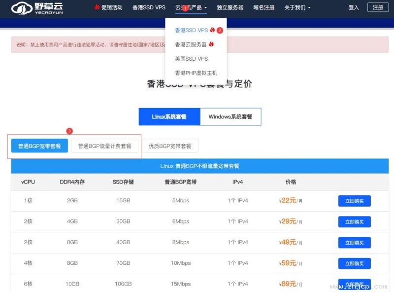 野草云香港VPS购买教程